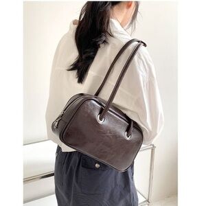 Vintage Elegant Dark Brown Faux Leather Shoulder Bag.